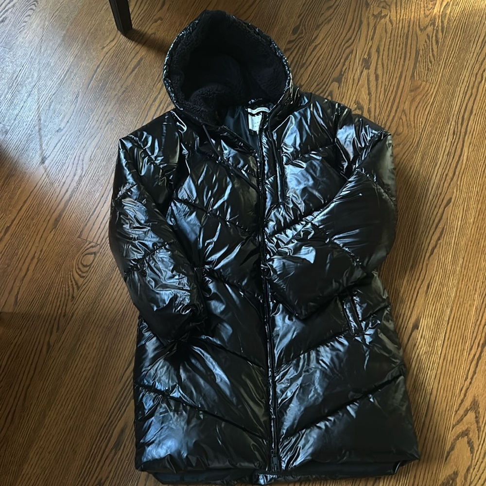 a new day Black Shiny Hooded Puffer Coat